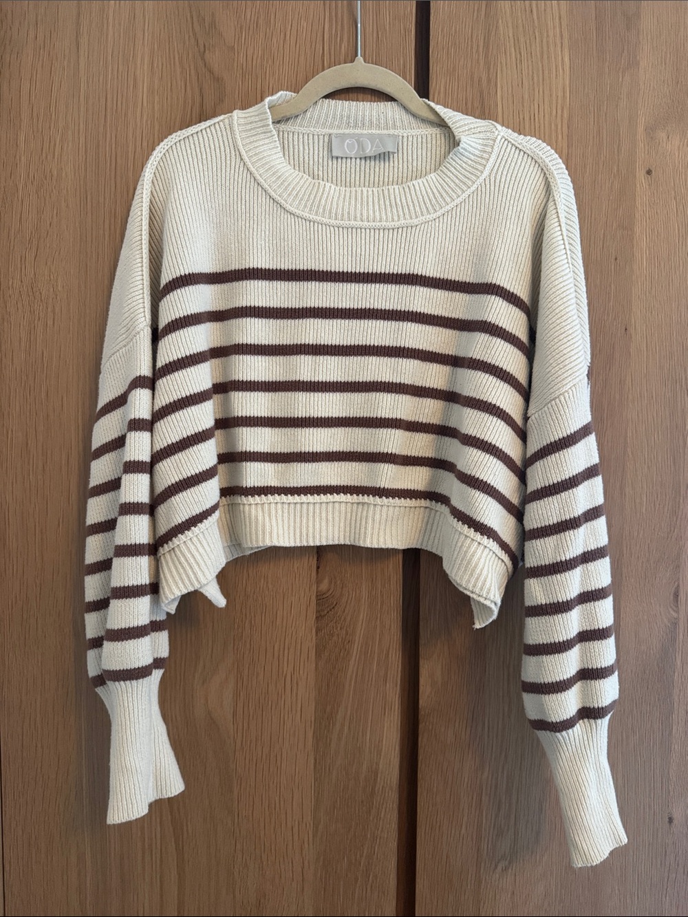 Striped Cropped Crewneck Sweater in Cream & Brown